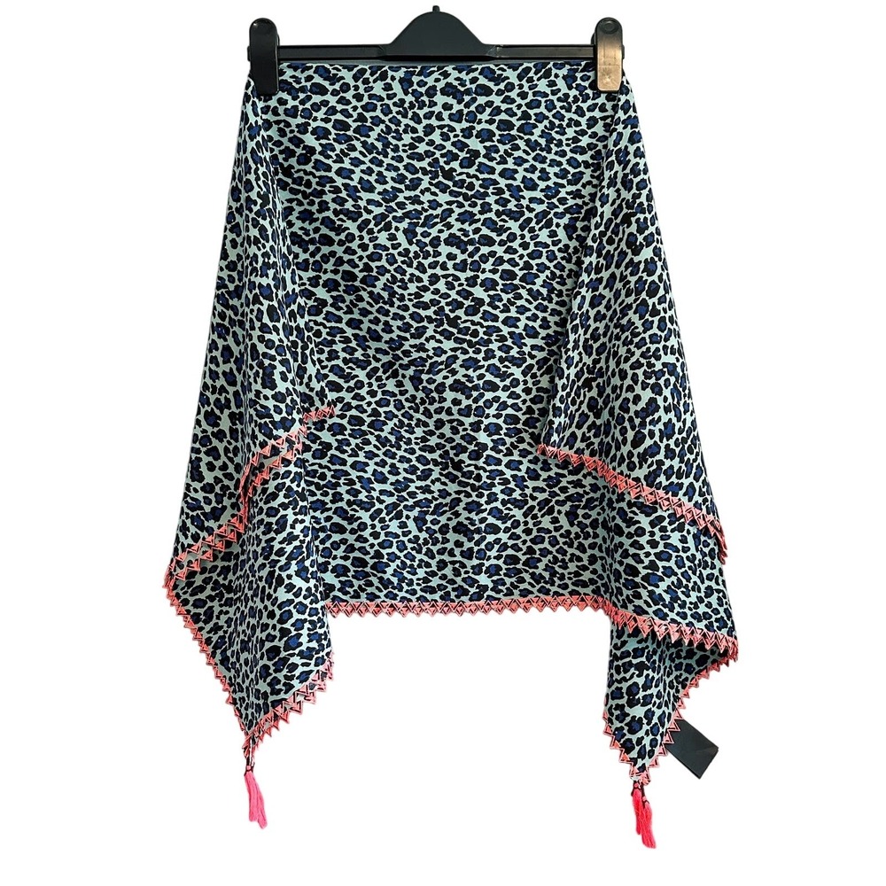 Maison Scotch Blue Leopard Print Scarf Pink Tassel Trim Square